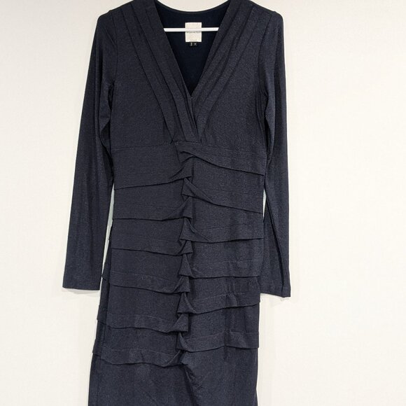 Nicole Miller Deep V-Neck Tidal Pleated Dress Navy Blue Size Medium - Picture 1 of 3